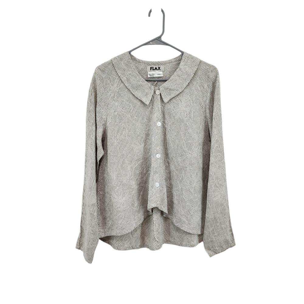Flax Women's 100% Linen Stripes Long Sleeves Floral Stitching Lagenlook Top - S